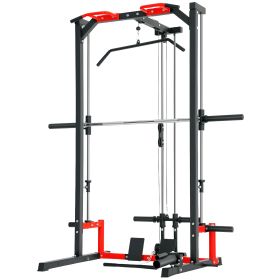 Soozier Smith Machine Power Rack with Pull Up Bar, Lat Pull Down System, Landmine, Squat Rack, Barbell Bar, for Home Gym
